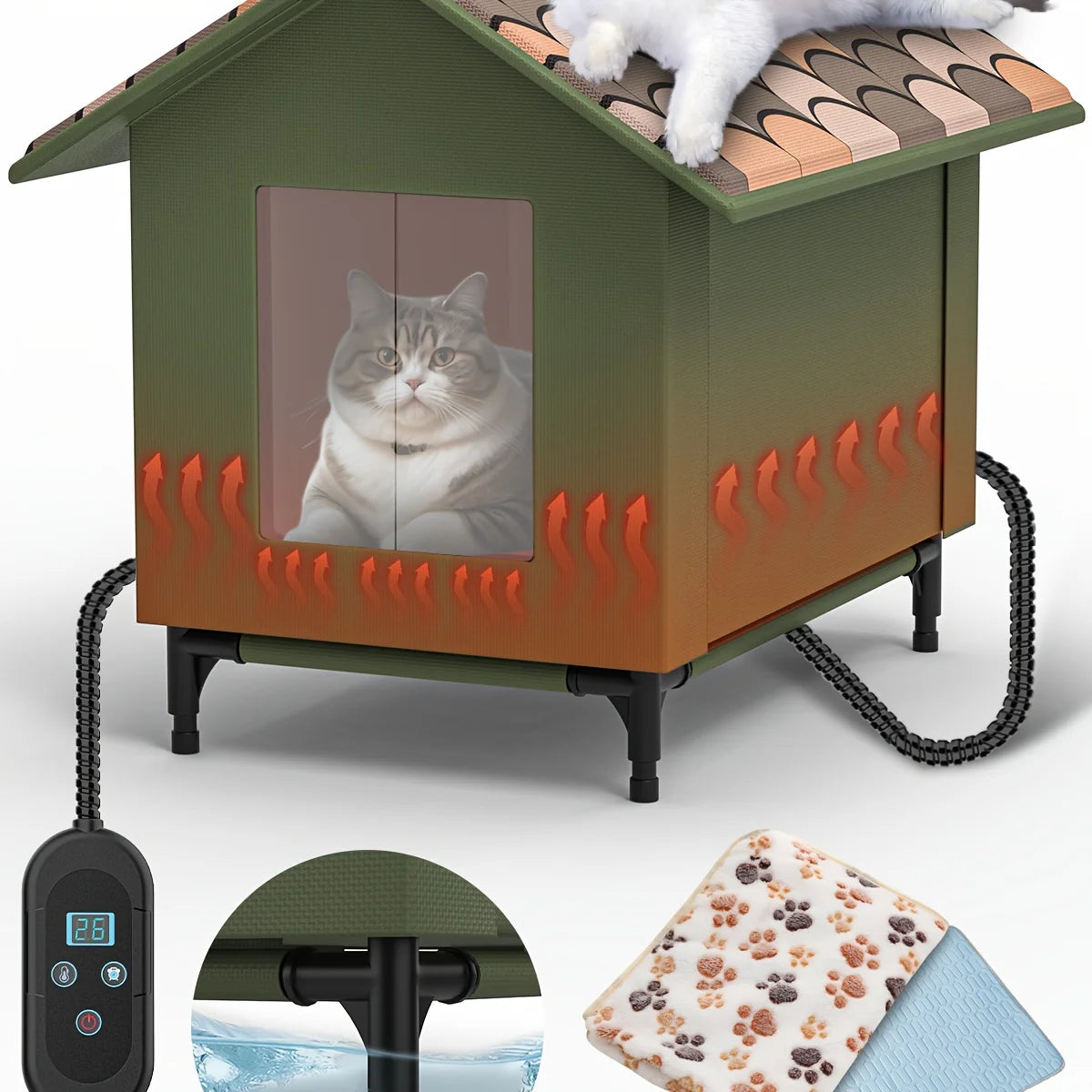 Casetta per gatti per tutte le stagioni con tende trasparenti - Include peluche e tappetino rinfrescante
